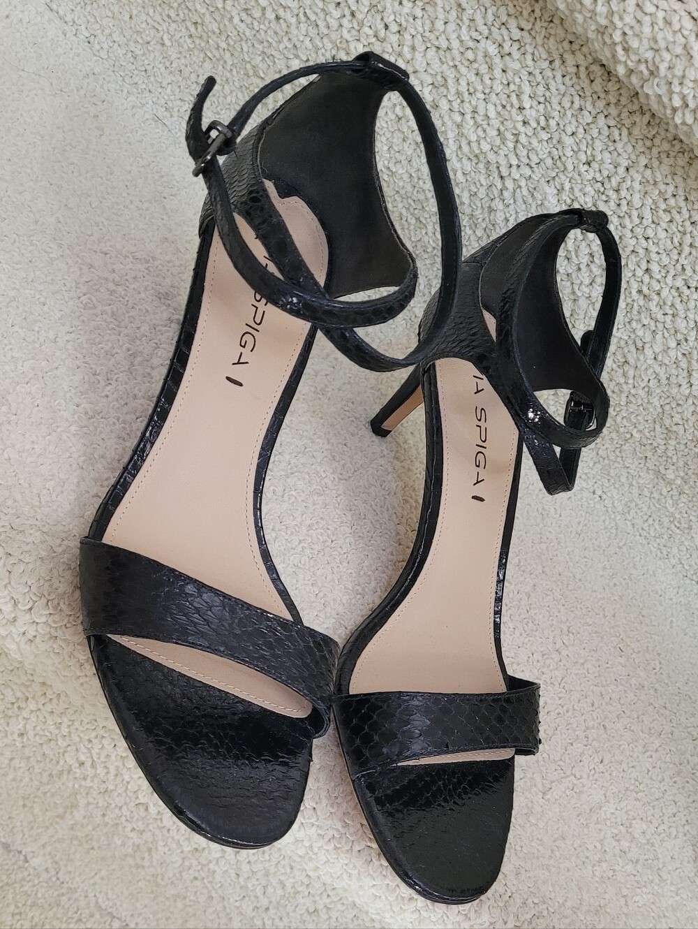 Via Spiga Black Textured Ankle-Strap Heels